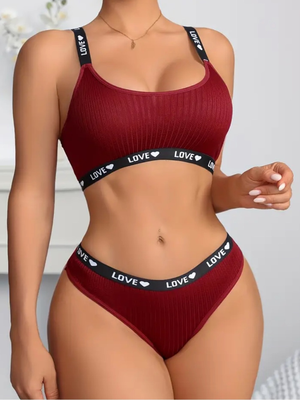 Deep Red, Sporty, Love Graphic, Lingerie Set - Picture 4 of 7
